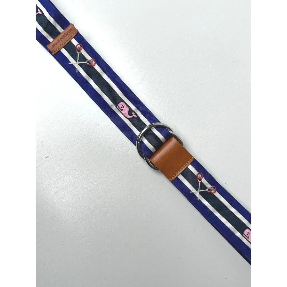 Vineyard Vines Mens Navy Striped Lacrosse Whale D-Ring Belt Leather Trim Size M